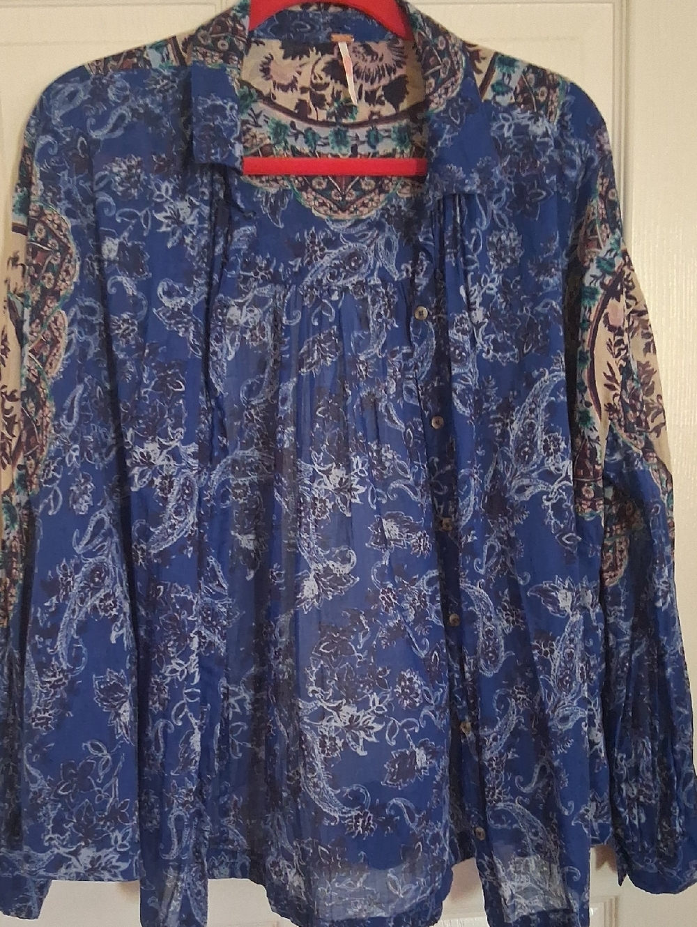 Free People Teal and Navy Paisley Mixed-Print Top